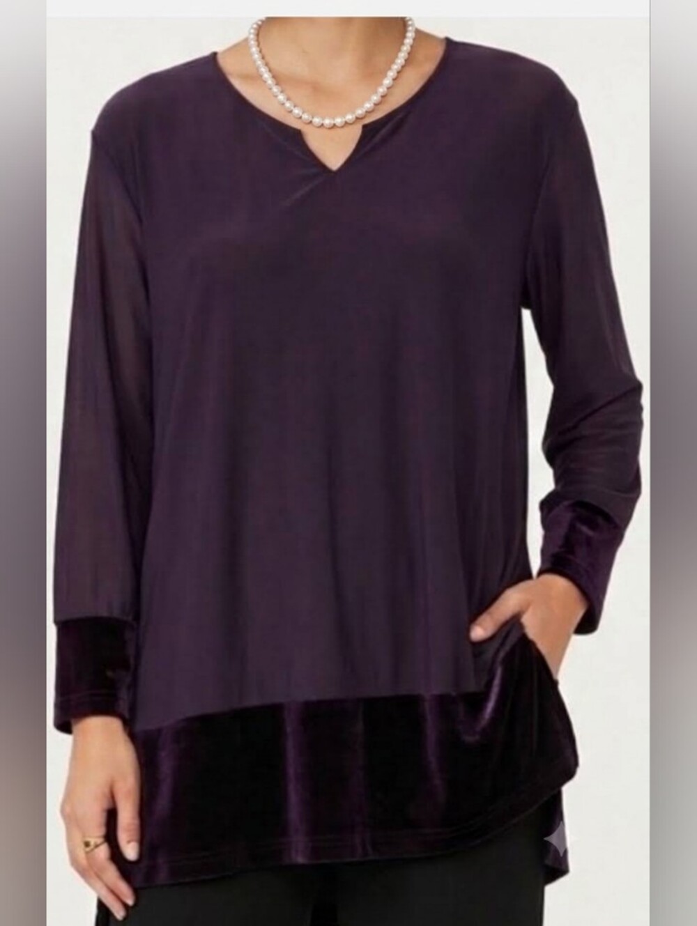 Susan Graver Purple Long Sleeve Velvet-Trim Tunic Large